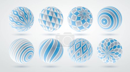 Ilustración de Esferas decoradas realistas vector ilustraciones conjunto, bolas hermosas abstractas con patrones, 3D globos diseño concepto colección. - Imagen libre de derechos