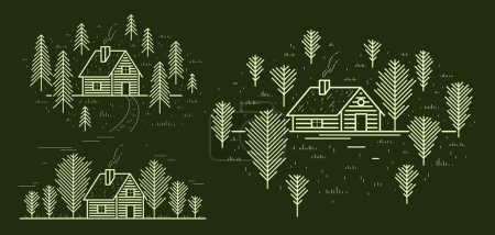 Ilustración de Cabin in woods with pine trees linear vector nature illustration on dark, log cabin cottage for rest, holidays and vacations theme line art drawing, woodhouse resort. - Imagen libre de derechos