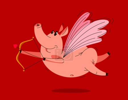 Téléchargez les illustrations : Drôle de cochon de dessin animé avec des ailes arc et flèche volant et tirant comme une illustration vectorielle Cupidon, Valentin amour animal caractère porc dessin. - en licence libre de droit