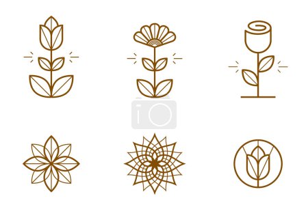 Illustration for Geometric linear style vector flower logos or emblems set, sacred geometry floral symbols line drawing emblems collection, blossoming flower hotel or boutique or jewelry logotypes. - Royalty Free Image