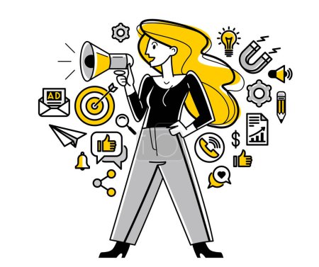 Illustration for Marketing theme vector outline illustration, marketer analyzing and creating plan and strategy, advertising business concept, reach a goal success. - Royalty Free Image