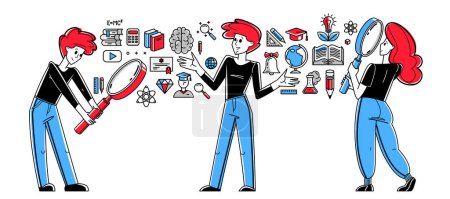 Illustration for Education in university or collage, students are doing homework or preparing for exam, vector outline illustration, study sciences and graduate. - Royalty Free Image