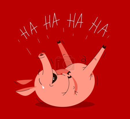 Illustration for Funny cartoon pig laying on ground and laughing LOL vector illustration, ha ha ha, animal character swine drawing. - Royalty Free Image