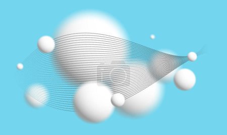 Téléchargez les illustrations : Sphères lévitantes lumière déconcentrée avec des particules ondulant fond vectoriel ambiant atmosphérique coulant sur bleu, boules 3D papier peint futuriste doux et facile. - en licence libre de droit