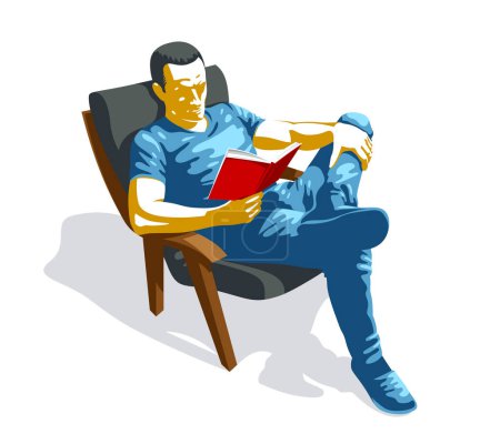 Illustration for Young man reading book in comfortable armchair vector illustration isolated. - Royalty Free Image