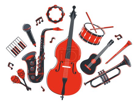 Jazzmusik Band Konzept verschiedene Instrumente Vektor flache Abbildung isoliert auf weißem Hintergrund, Live-Sound-Festival oder Konzert, Musiker verschiedene Instrumente eingestellt.