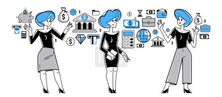 Illustration for Business team analyzing and organizing financial deals vector outline illustration, entrepreneurs group working on some commercial project. - Royalty Free Image