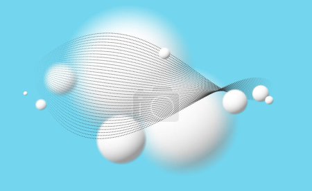 Téléchargez les illustrations : Sphères déconcentrées 3D lumière et doux avec des particules flux vecteur d'onde fond abstrait sur bleu, boules blanches ambiantes relaxantes en lévitation, papier peint atmosphérique. - en licence libre de droit