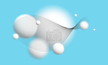 Téléchargez les illustrations : Sphères déconcentrées 3D lumière et doux avec des particules flux vecteur d'onde fond abstrait sur bleu, boules blanches ambiantes relaxantes en lévitation, papier peint atmosphérique. - en licence libre de droit