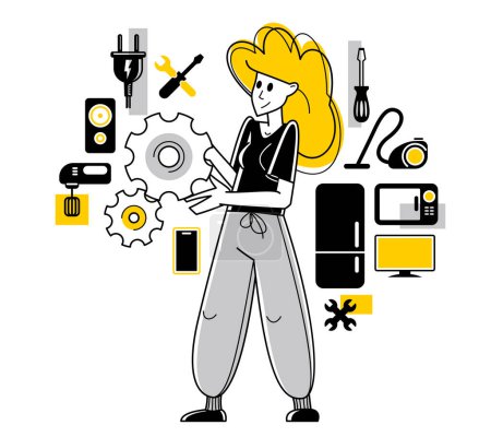 Illustration for Technician engineer repairing household appliances, woman repairer service vector outline illustration, engineer fixing and upgrading different technics. - Royalty Free Image