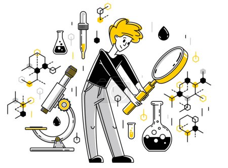 Illustration for Chemical experiment and research, scientist working with some molecules in chemistry laboratory, vector outline illustration for science and pharma theme. - Royalty Free Image