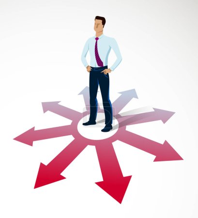 Illustration for Doubting businessman choosing different directions which way to go vector illustration, business man have a dilemma because or different options or opportunities. - Royalty Free Image
