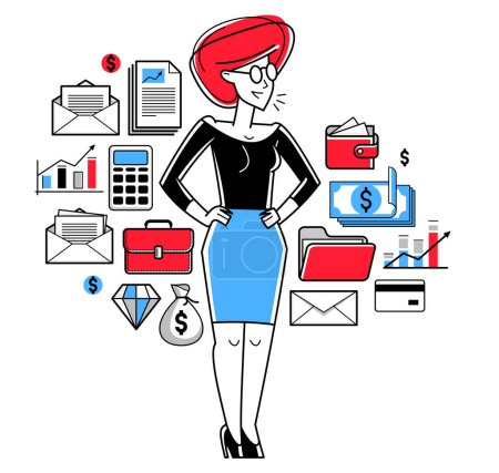 Illustration for Business woman analyzing and organizing financial deals vector outline illustration, entrepreneur company leader working on some commercial project. - Royalty Free Image