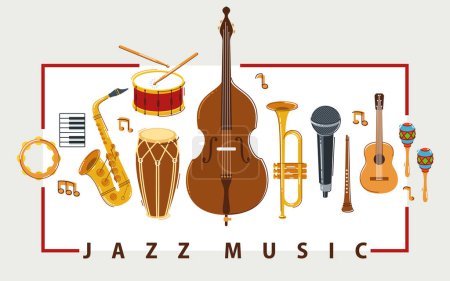 Illustration for Jazz music band poster different instruments vector flat illustration, live sound festival or concert advertising flyer or banner, play different instruments orchestra. - Royalty Free Image