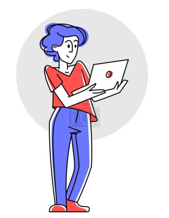 Ilustración de Young person using tablet for work or education vector outline illustration, online business or shopping. - Imagen libre de derechos