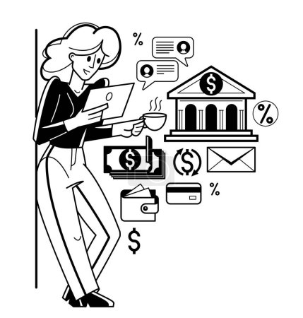 Illustration for Online banking vector outline illustration, woman manager working with finances or customer manages her account with deposit or credit, e-banking. - Royalty Free Image