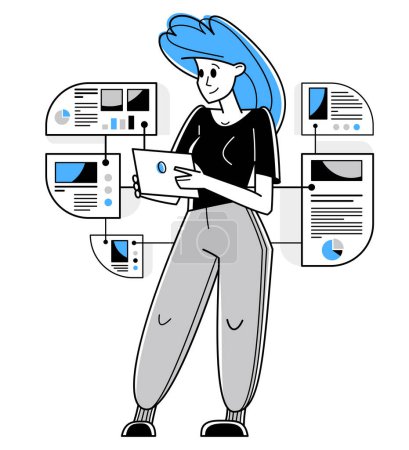 Téléchargez les illustrations : Intellectual worker woman making analysis of some data on pc or web, data systematization, collecting and analyzing information, vector outline illustration. - en licence libre de droit