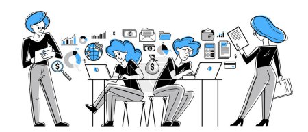 Illustration for Busy business team working on some commercial project online vector outline illustration, entrepreneurs analyzing virtual financial data, e-business teamwork. - Royalty Free Image