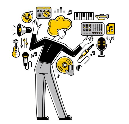 Téléchargez les illustrations : Sound engineer mixing new song in audio recording studio, vector outline illustration of a musician composer doing his job producing new beat. - en licence libre de droit