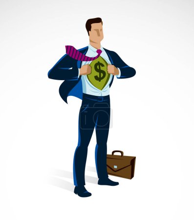 Illustration for Businessman superhero vector illustration, young handsome business man standing brave and strong, leadership concept, success allegory, problems solving. - Royalty Free Image
