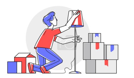 Ilustración de Moving to new apartment or business moving to new office, person carry and unpack boxes with stuff, beginning of new life, vector outline illustration. - Imagen libre de derechos