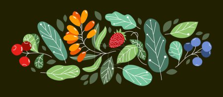 Illustration for Wild berries fresh and ripe tasty healthy food with leaves vector flat style illustration over dark background, delicious vegetation diet eating, nature gifts. - Royalty Free Image