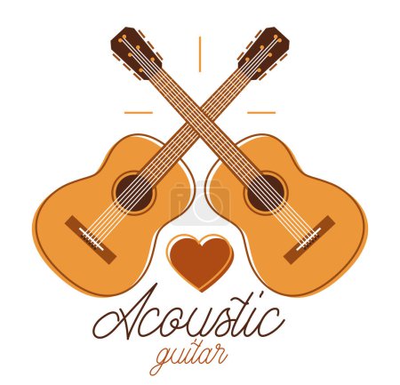 Illustration for Acoustic guitar vector emblem for festival or concert or player isolated on white, live music theme, logo for musical recording label, instruments shop. - Royalty Free Image