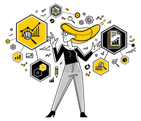 Téléchargez les illustrations : Worker analyzes some data and systematizing information, vector outline illustration, abstract big data analysis, automation - en licence libre de droit