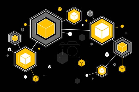 Illustration for Abstract vector technology theme background with connected cubes over dark, geometric design linear connection, software network system. - Royalty Free Image
