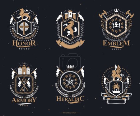 Illustration for Set of luxury heraldic vector templates. Collection of vector symbolic blazons made using graphic elements, royal crowns, medieval castles, armory and religious crosses. - Royalty Free Image