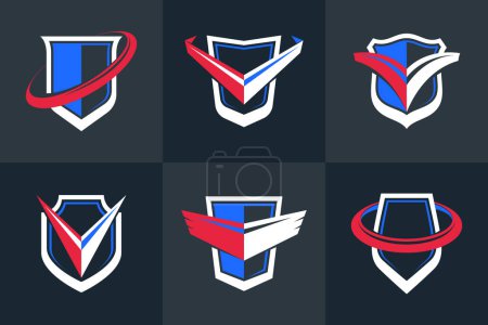 Illustration for Shield logos vector set, different ammo protection symbols collection, antivirus or sport theme, insurance or guarantee. - Royalty Free Image