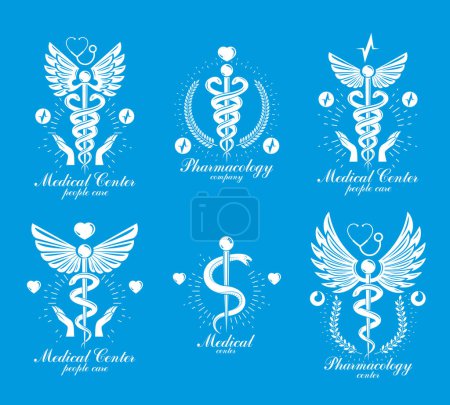 Illustration for Set of vector Caduceus logotypes can be used in cardiology, rehabilitation and as medical clinic emblems. - Royalty Free Image