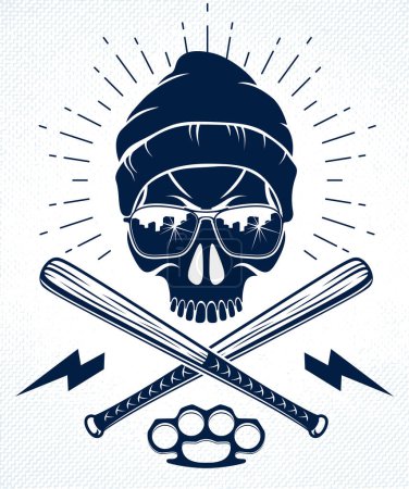 Illustration for Gangster emblem logo or tattoo with aggressive skull baseball bats design elements, vector, criminal ghetto vintage style, gangster anarchy or mafia theme. - Royalty Free Image