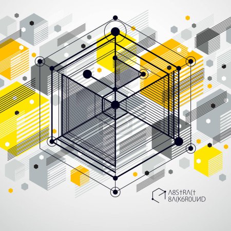 Téléchargez les illustrations : Moderne vecteur isométrique abstrait fond jaune avec élément géométrique. Disposition des cubes, hexagones, carrés, rectangles et différents éléments abstraits
. - en licence libre de droit