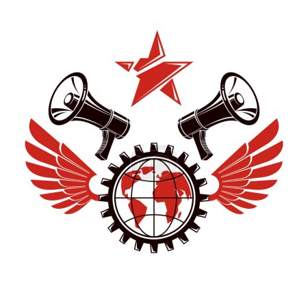 Illustration for Simple vector emblem created using Earth planet illustration composed with wings, industrial gear and loudspeakers equipment. Propaganda as the method of global ideology imposing. - Royalty Free Image
