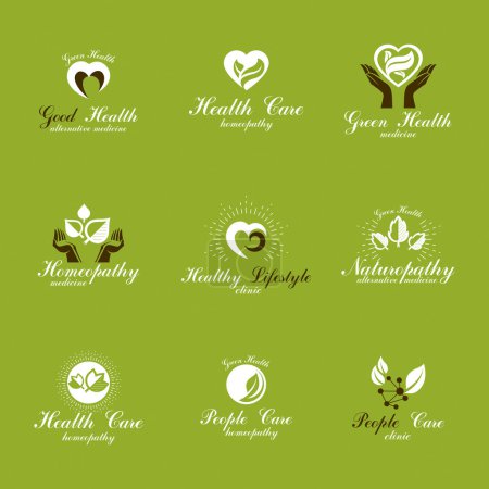 Illustration for Living in harmony with nature metaphor, set of green health idea logos. Wellness center abstract modern emblems. - Royalty Free Image