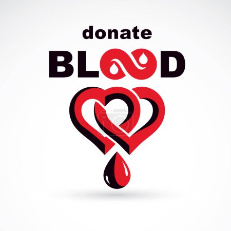 Illustration for Donate blood inscription isolated on white and made using vector red blood drops, heart shape and infinity symbol. Save life conceptual graphic illustration. Medical care symbol. - Royalty Free Image