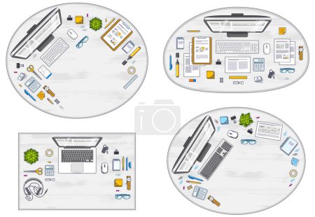 Illustration for Work desks workspaces top view with PC or laptops and a lot of different stationery objects and analytics documents on tables, look above. All elements are easy to use separately. Vector set. - Royalty Free Image
