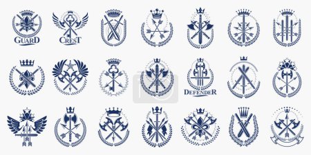 Illustration for Vintage weapon vector logos or emblems, heraldic design elements big set, classic style heraldry military war armory symbols, antique knives compositions. - Royalty Free Image