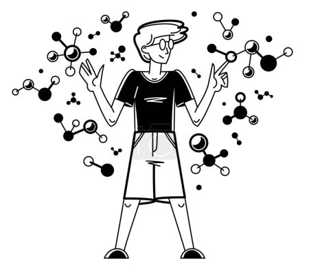 Illustration for Chemical experiment and research, scientist working with some molecules in chemistry laboratory, vector outline illustration for science and pharma theme. - Royalty Free Image
