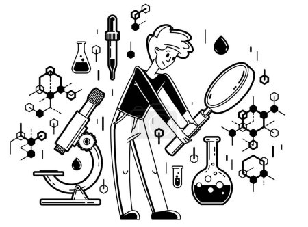 Experimento químico e investigación, científico que trabaja con algunas moléculas en el laboratorio de química, ilustración del contorno del vector para la ciencia y el tema farmacéutico.