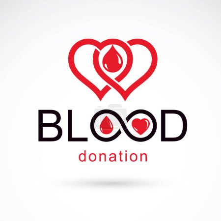 Illustration for Blood donation inscription isolated on white and created with vector red blood drops, heart shape and infinity symbol. Medical theme graphic logo for use in charitable organizations. - Royalty Free Image