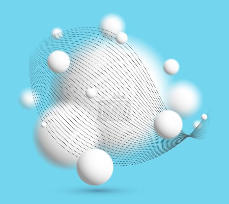 Téléchargez les illustrations : Sphères lévitantes lumière déconcentrée avec des particules ondulant fond vectoriel ambiant atmosphérique coulant sur bleu, boules 3D papier peint futuriste doux et facile. - en licence libre de droit