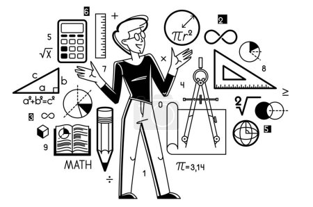 Téléchargez les illustrations : Mathematics education vector with student learning math or teacher explaining lesson, mathematician working on some theoretical science. - en licence libre de droit