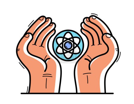 Illustration for Two hands with atom icon protecting and showing care vector flat style illustration isolated on white, cherish and defense for science and research concept, nuclear atom for peace. - Royalty Free Image