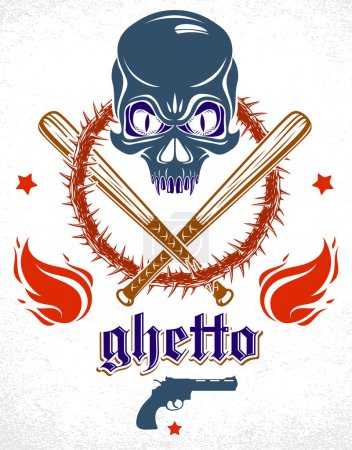 Illustration for Gangster emblem logo or tattoo with aggressive skull baseball bats and other weapons and design elements, vector, criminal ghetto vintage style, gangster anarchy or mafia theme. - Royalty Free Image