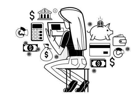 Illustration for Online finance vector outline illustration, woman financier working with finances online, accountant doing digital accounting, online banking, budget and taxes. - Royalty Free Image