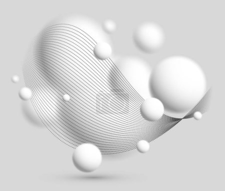 Illustration for Light and soft 3D defocused spheres with particles wave flow vector abstract background, relaxing ambient theme with white balls in levitation, atmospheric wallpaper. - Royalty Free Image