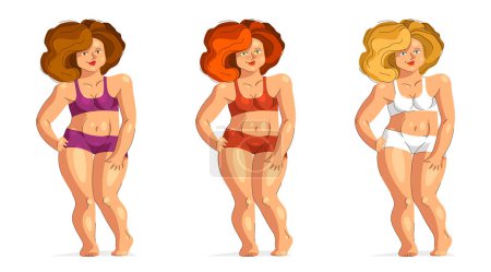 Illustration for Attractive and sexy plus size woman isolated on white, vector illustration concept of body positivity health and happiness, love and accept your body idea, hair colors set. - Royalty Free Image