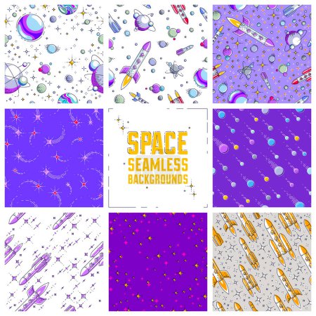 Illustration for Set of seamless space backgrounds with rockets, planets, asteroids, comets, meteors and stars, undiscovered deep cosmos fantastic textiles fabric for children, endless tiling pattern, vector. - Royalty Free Image